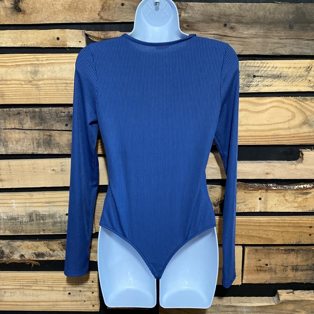 Free People Tied Up Ribbed Long Sleeve Bodysuit In Blue Size Medium - Picture 5 of 8